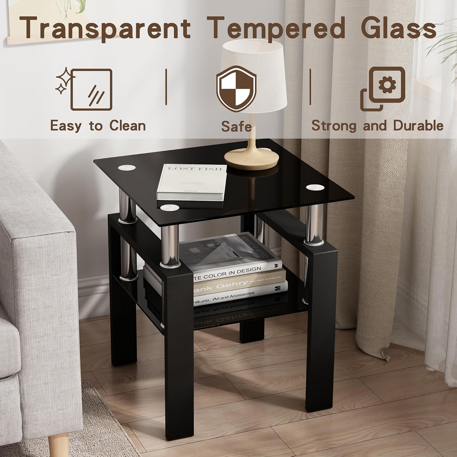 Glass Coffee Table Set of 3, 3-Piece Living Room Tables with Tempered Glass and Metal Frame, Coffee and End Table Sets, Black