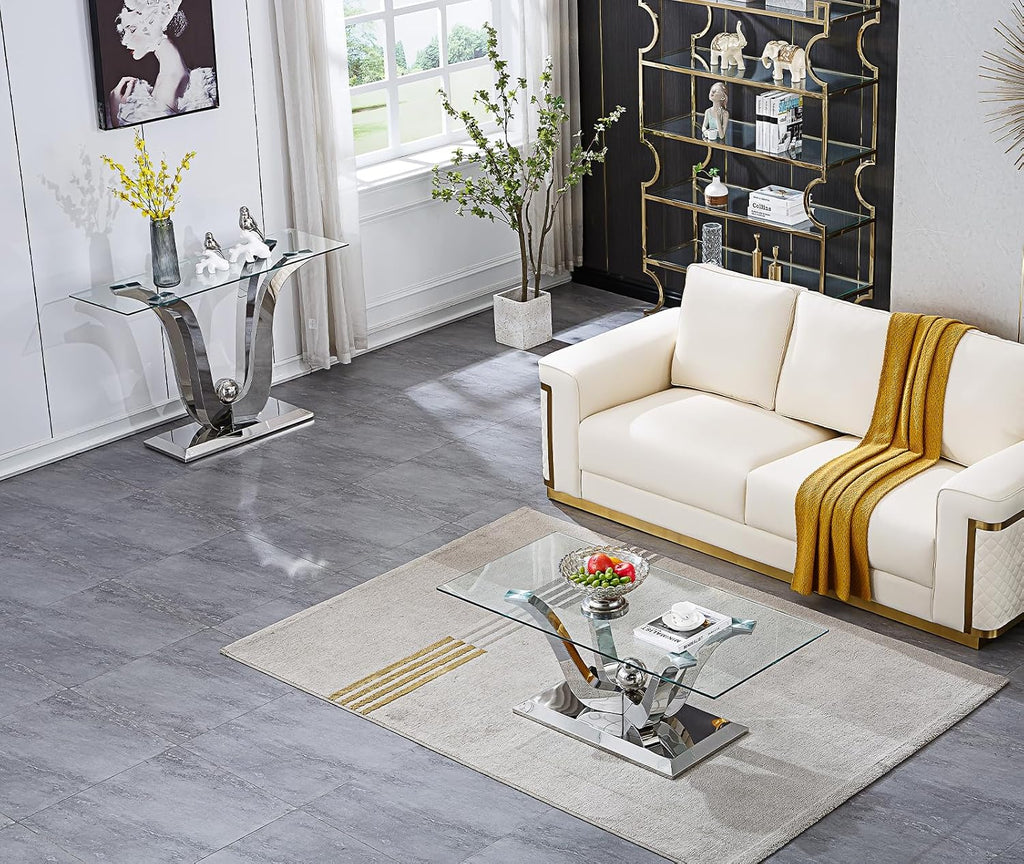 Modern Silver Glass Coffee Table Set of 2, Clear Glass Coffee Table and Console Sofa Table Set with Stainless Steel Frame, Luxury Silver 2 Piece Living Room Table Set for Home Office Apartment