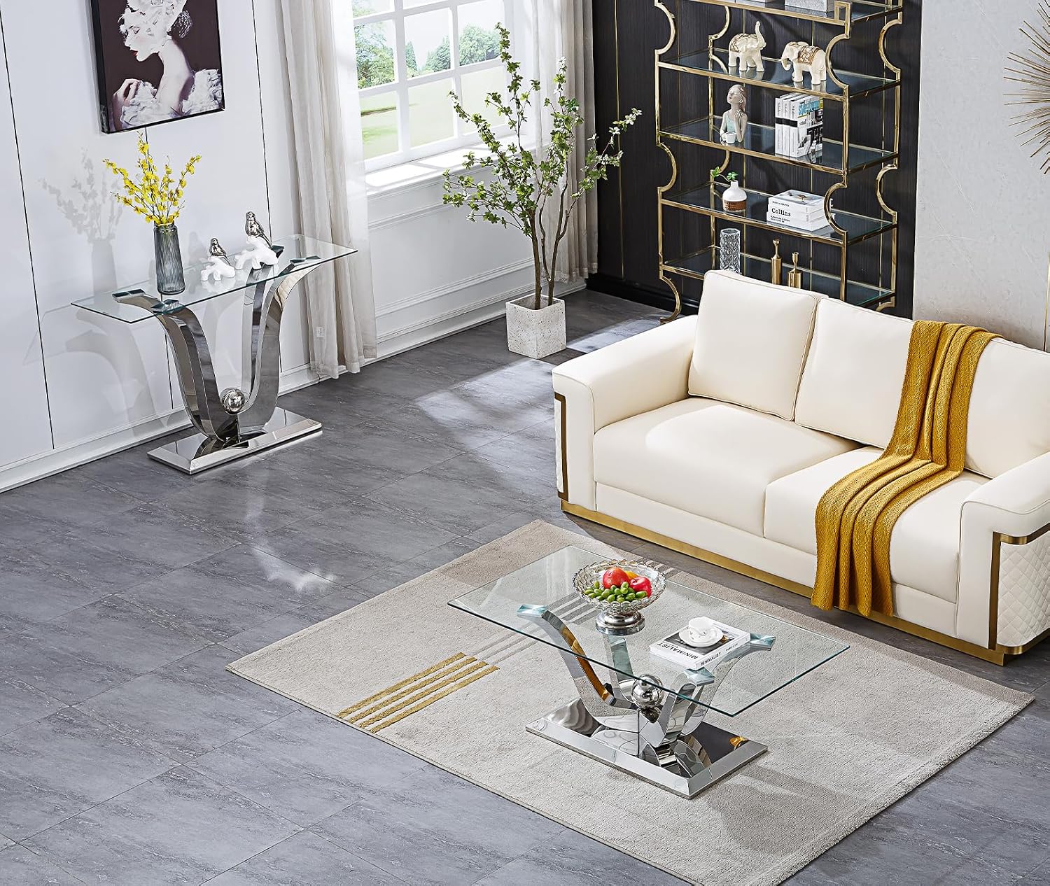 Modern Silver Glass Coffee Table Set of 2, Clear Glass Coffee Table and Console Sofa Table Set with Stainless Steel Frame, Luxury Silver 2 Piece Living Room Table Set for Home Office Apartment