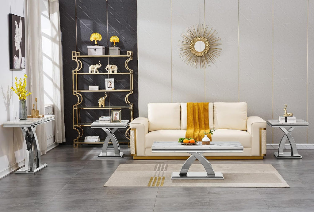 Modern Marble End Table,22' Suqare Side Table with Silver X-Shape Stainless Steel Base,Luxury White Faux Marble End Table Nightstand Pedestal Stand Lamp Table for Hallway, Living Room, Bedroom
