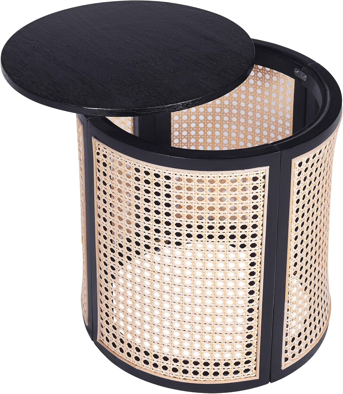 Christopher Knight Home Aurl Lift Top Round End Table with Storage, Modern Side Table with Woven Rattan Details, Wooden Small Coffee Table for Living Room, Round Storage Ottoman, Black