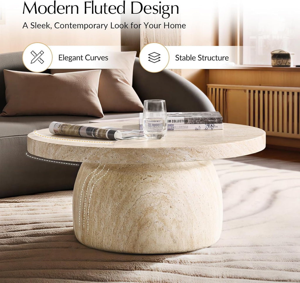 HULALA HOME Modern Marble Coffee Table, 31.5 Inch Round Coffee Table with Marble Concrete Base, for Living Room, with Tabletop, Easy Assembly, Natural