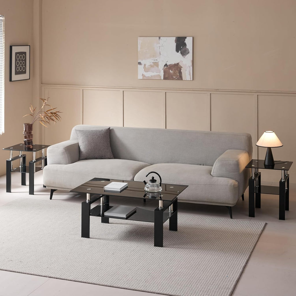 Glass Coffee Table Sets of 3 for Living Room, Mordern End Table Sofa Side Tables with Storage, Black Metal Leg, Rectangle Tempered Center Table Home Furniture Set (All Black)
