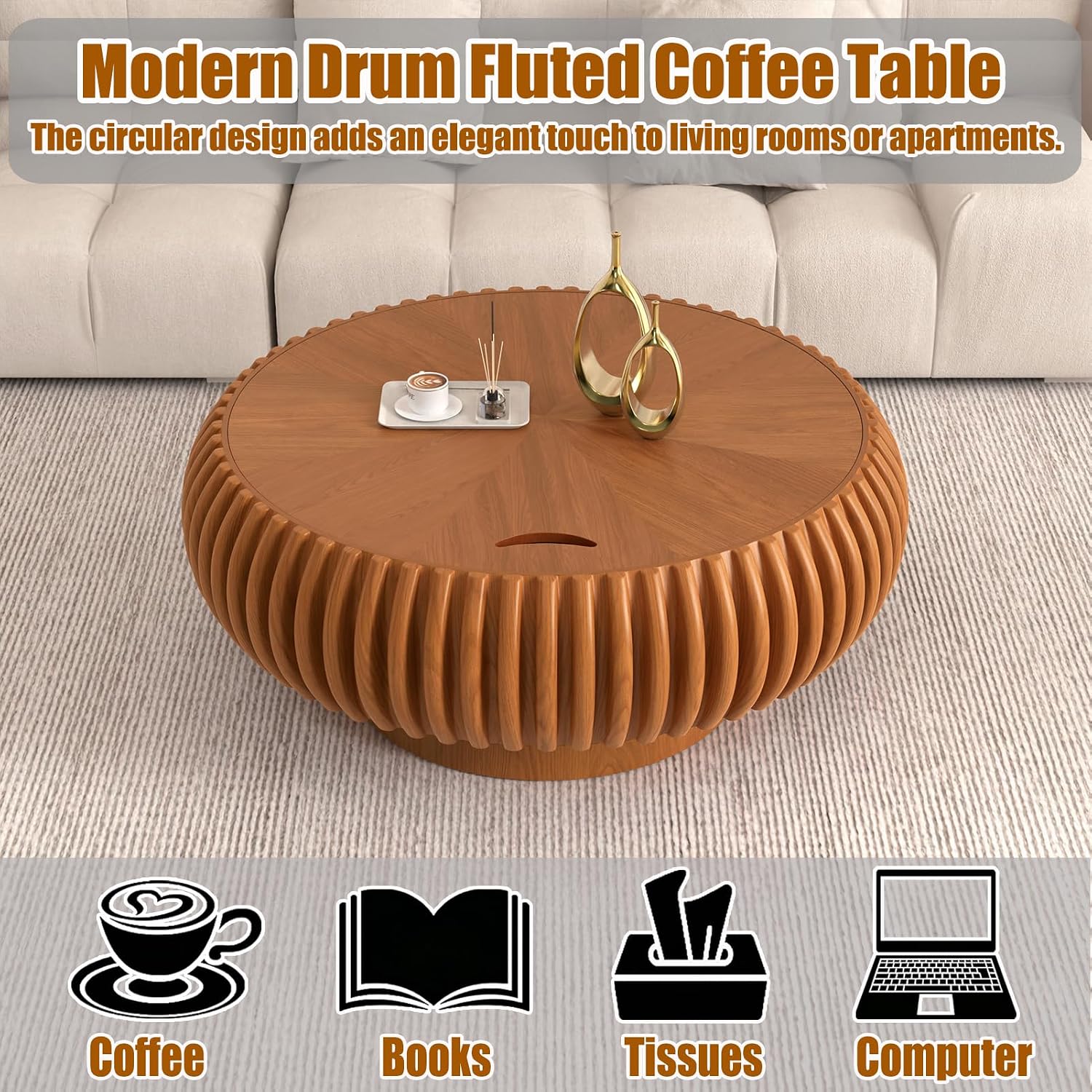 31.5' Round Drum Coffee Table with Hidden Storage, Modern Fluted Coffee Tables with Solid Wood Veneer, Wooden Circle Center Table for Living Room, Small Spaces, and Apartments, Easy Assembly