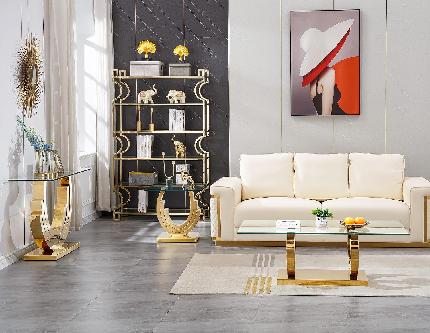 3 Pieces Living Room Table Set, Glass Coffee Table Set of 3, Modern Coffee Table, Console Table and End Table with Three U-Shaped Stainless Steel Base for Living Room (Gold)