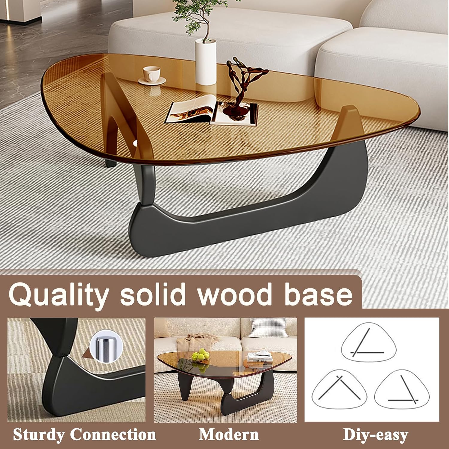 Glass Coffee Table, Mid Century Modern Coffee Table, Coffee Table for Living Room Center Table Suitable for Bedroom Living Room Reception Office Tables (Black/Brown, Large)