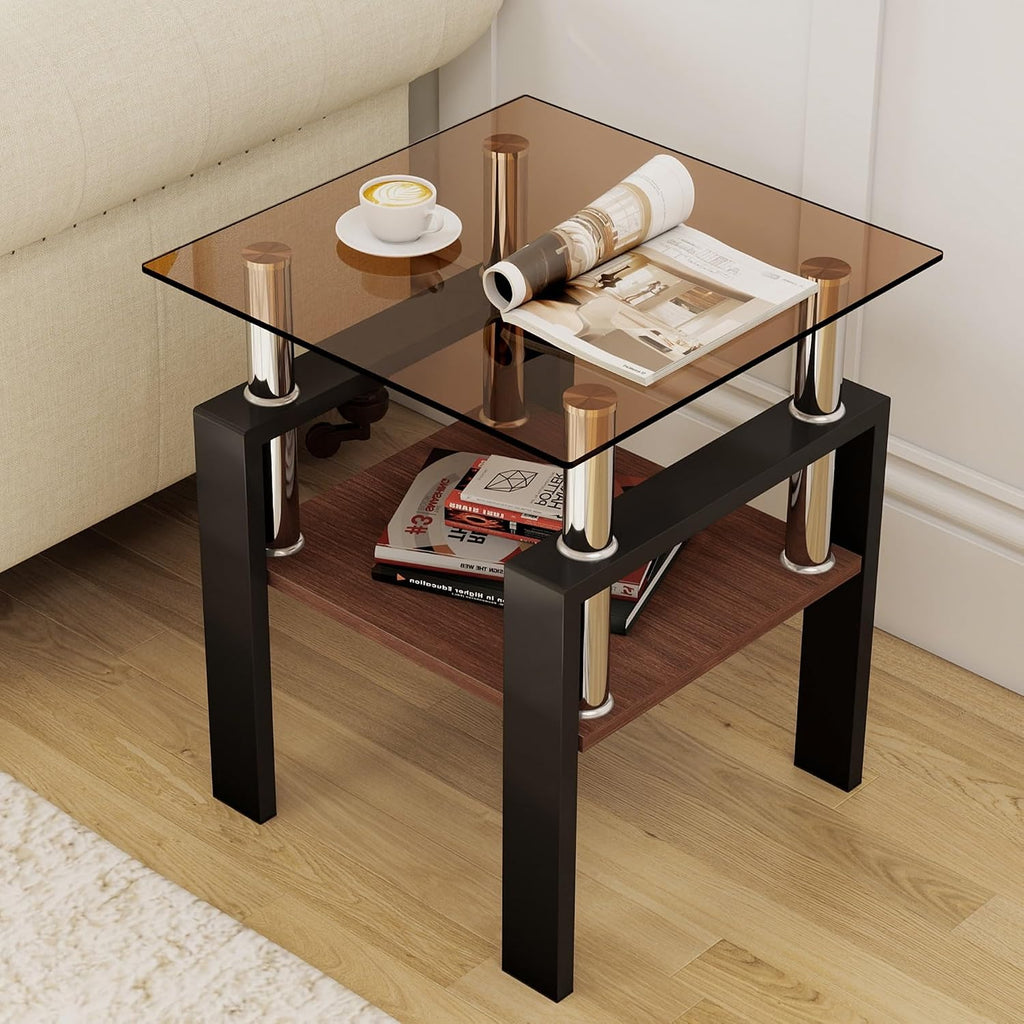 Brown Glass Coffee Table Sets of 3 for Living Room, 39' Mordern End Tables with Storage, Walnut Wooden Shelves & Black Metal Leg, Rectangle Center Table for Small Space Apartment