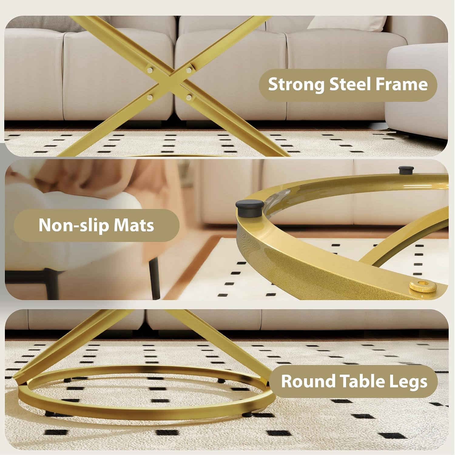 Glass Coffee Table, Round Coffee Table with Ring Gold Metal Frame, Large Modern Minimalist Coffee Table for Decoration, Coffee Tables for Living Room, Study Room, Office