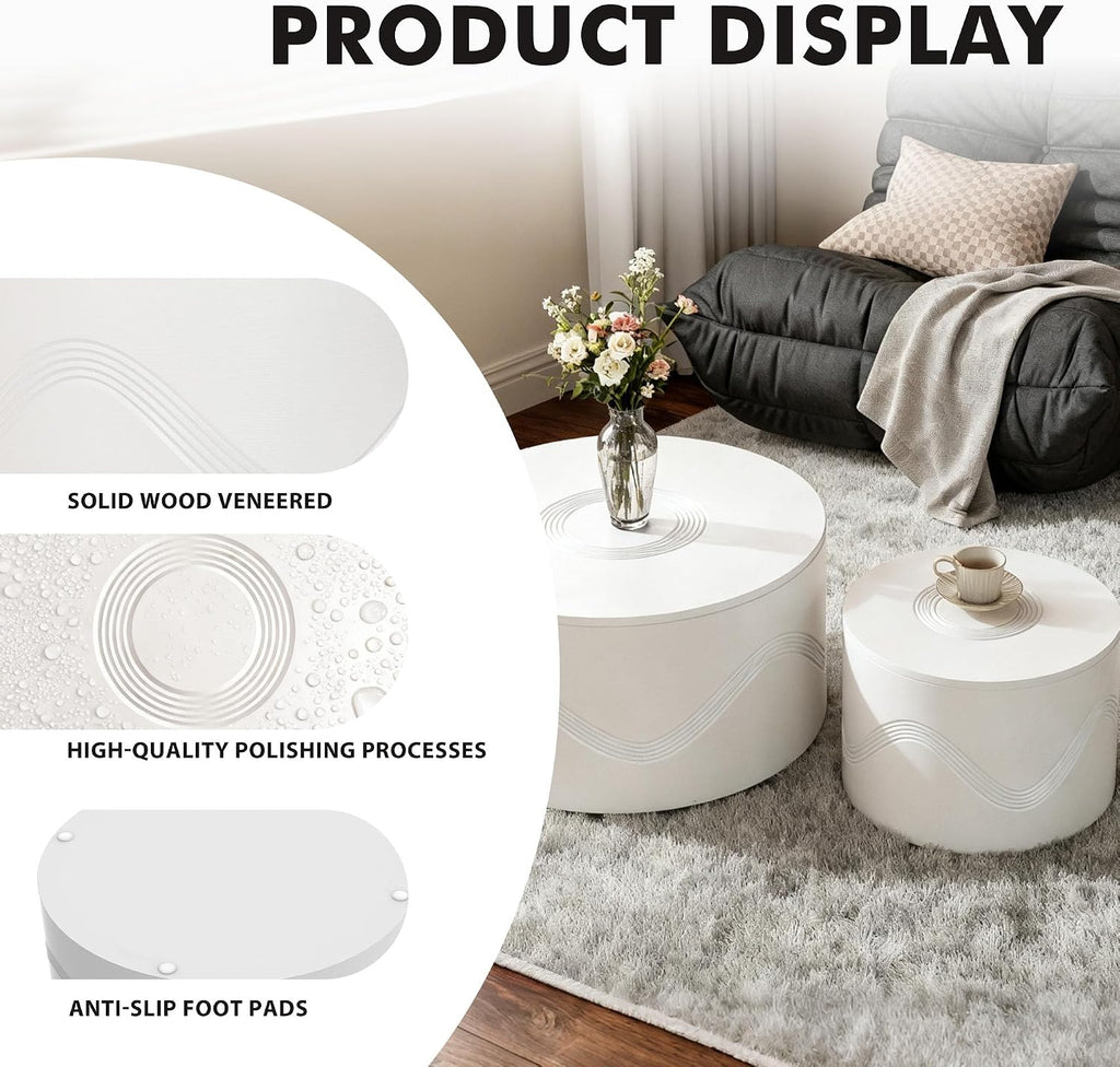 Round Nesting Coffee Table Set of 2, White Modern Coffee Table with Hidden Storage, Circle Coffee Tables for Living Room, No-Assembly Space-Saving Center Table End Side Table for Home Office