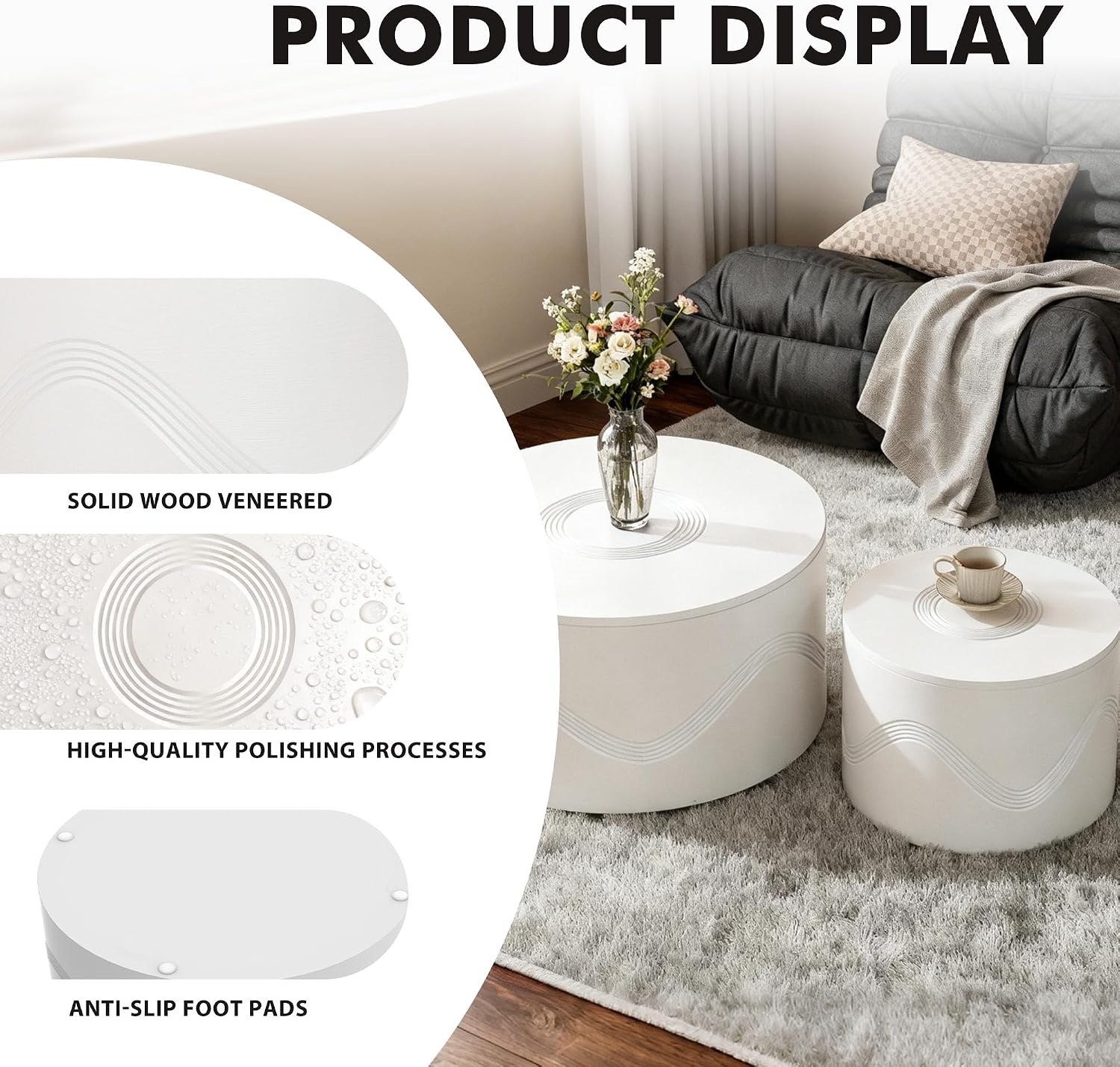 Round Nesting Coffee Table Set of 2, White Modern Coffee Table with Hidden Storage, Circle Coffee Tables for Living Room, No-Assembly Space-Saving Center Table End Side Table for Home Office