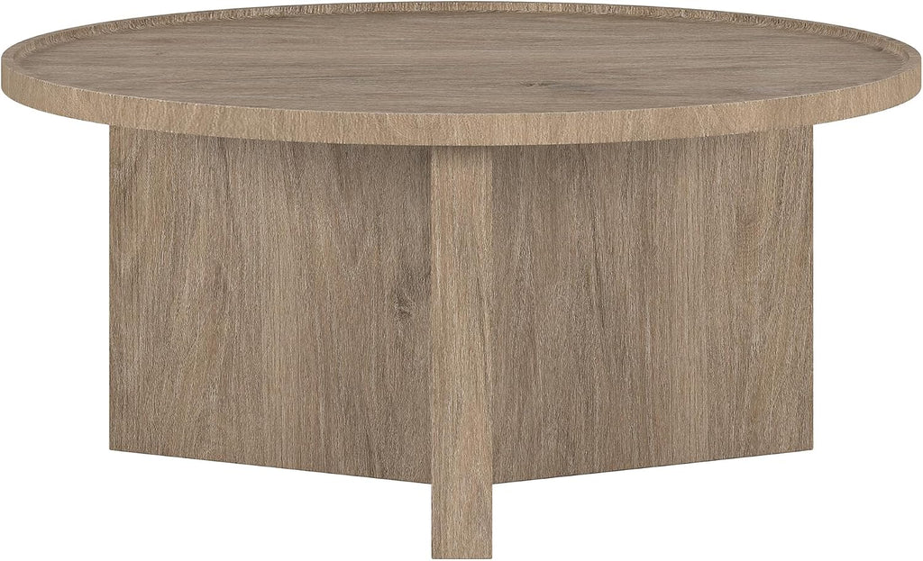 Henn&Hart 32' Round Wood Pedestal Low-Profile Coffee Table for Living Room, Family Room, Office or Apartment, Weathered Gray