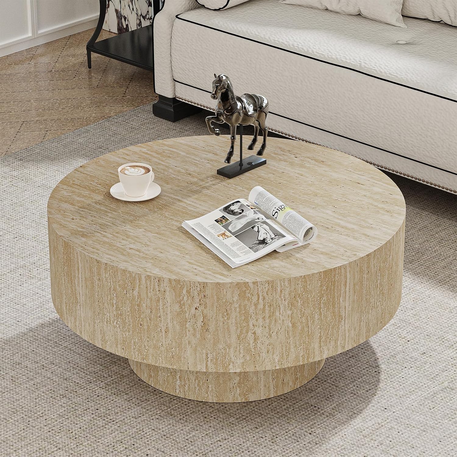 Round Travertine Coffee Table, with Large Tabletop & Base, Mid Century Rustic Circle Wood Center Table for Living Room Farmhouse Apartment, Easy Assembly (B)