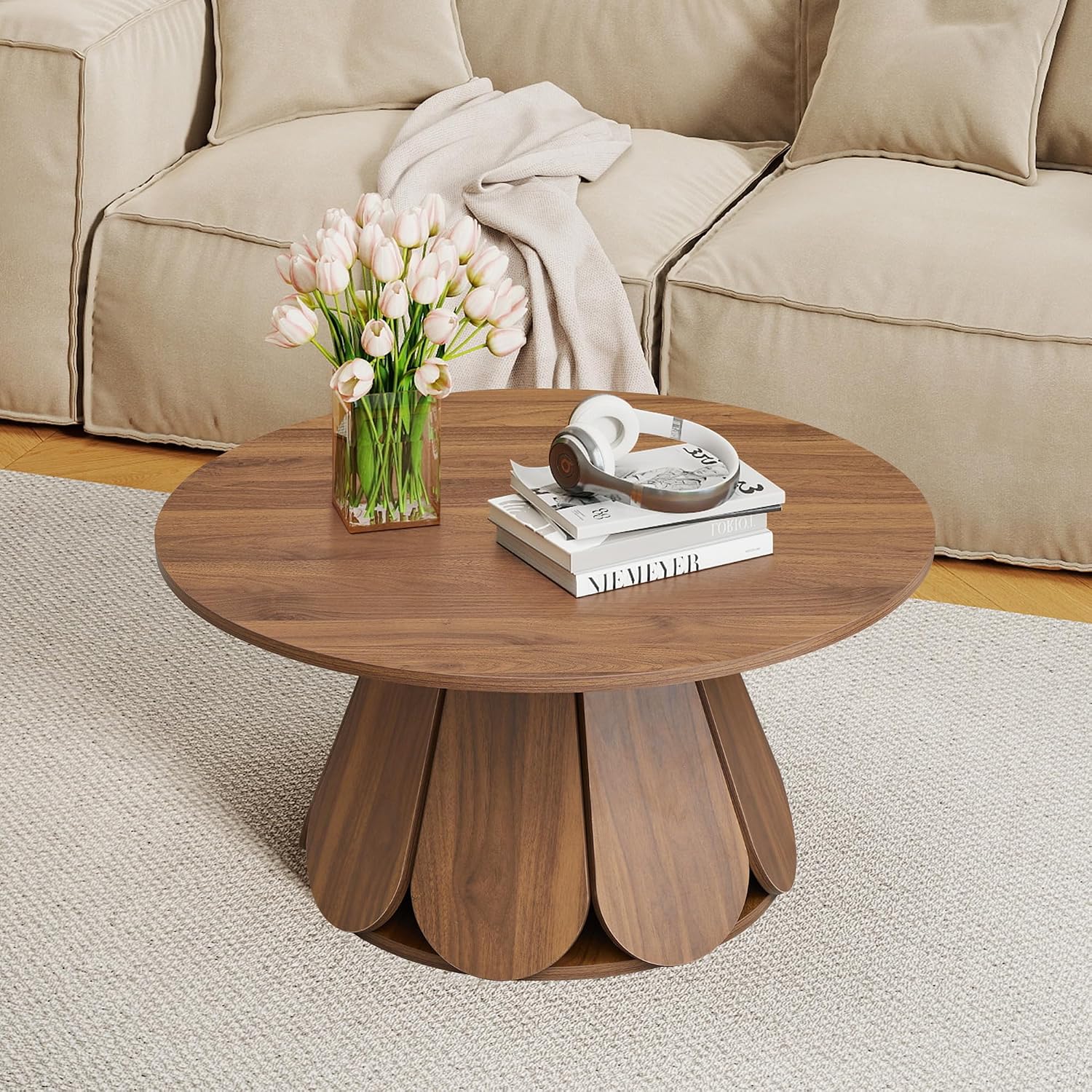 Round Coffee Table, Modern Farmhouse Wood Circle Center Table with Pedestal Base for Small Space, Living Room, Apartment, Walnut