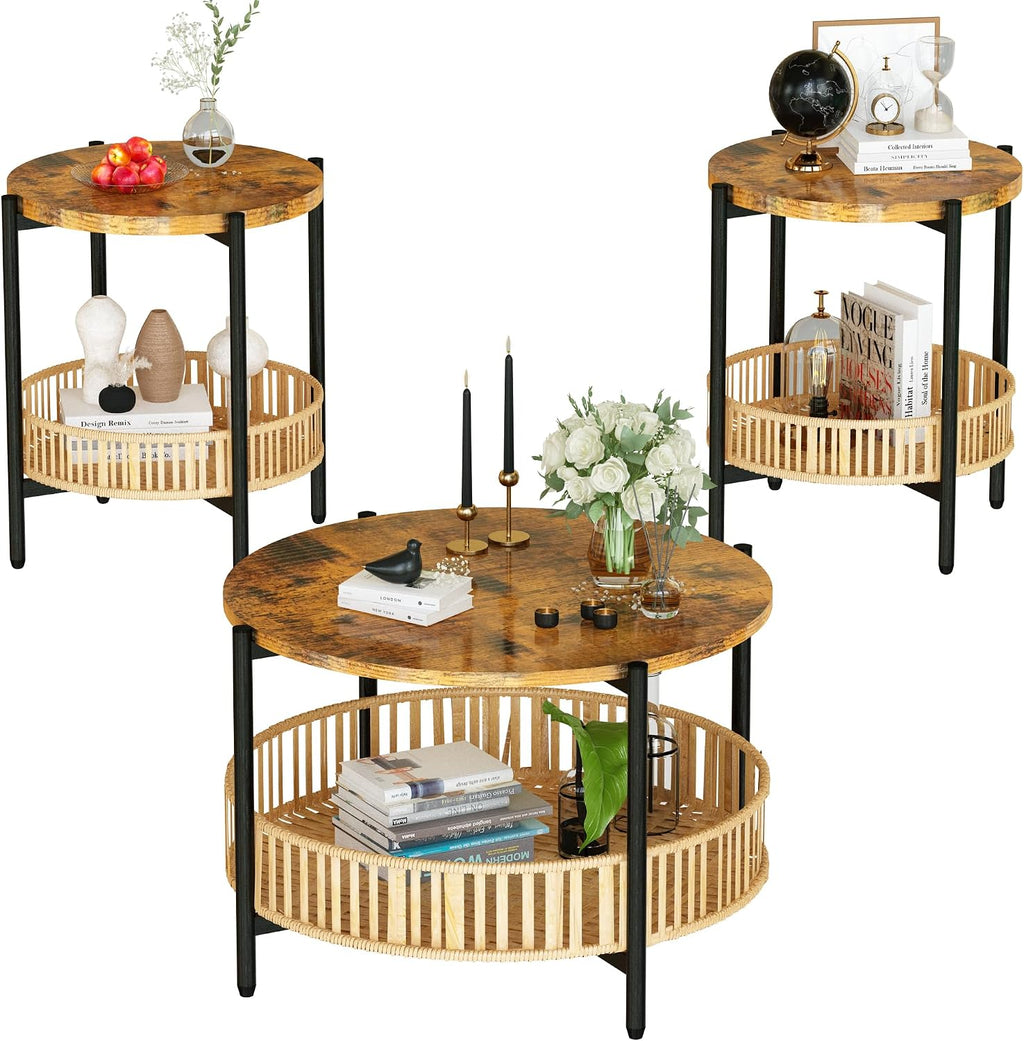 AWQM 3 Pieces Coffee Table Set for Living Room, 2 Tier Round Rattan Coffee End Side Table, Boho Living Room Table Set with Metal Frame for Bedroom Office