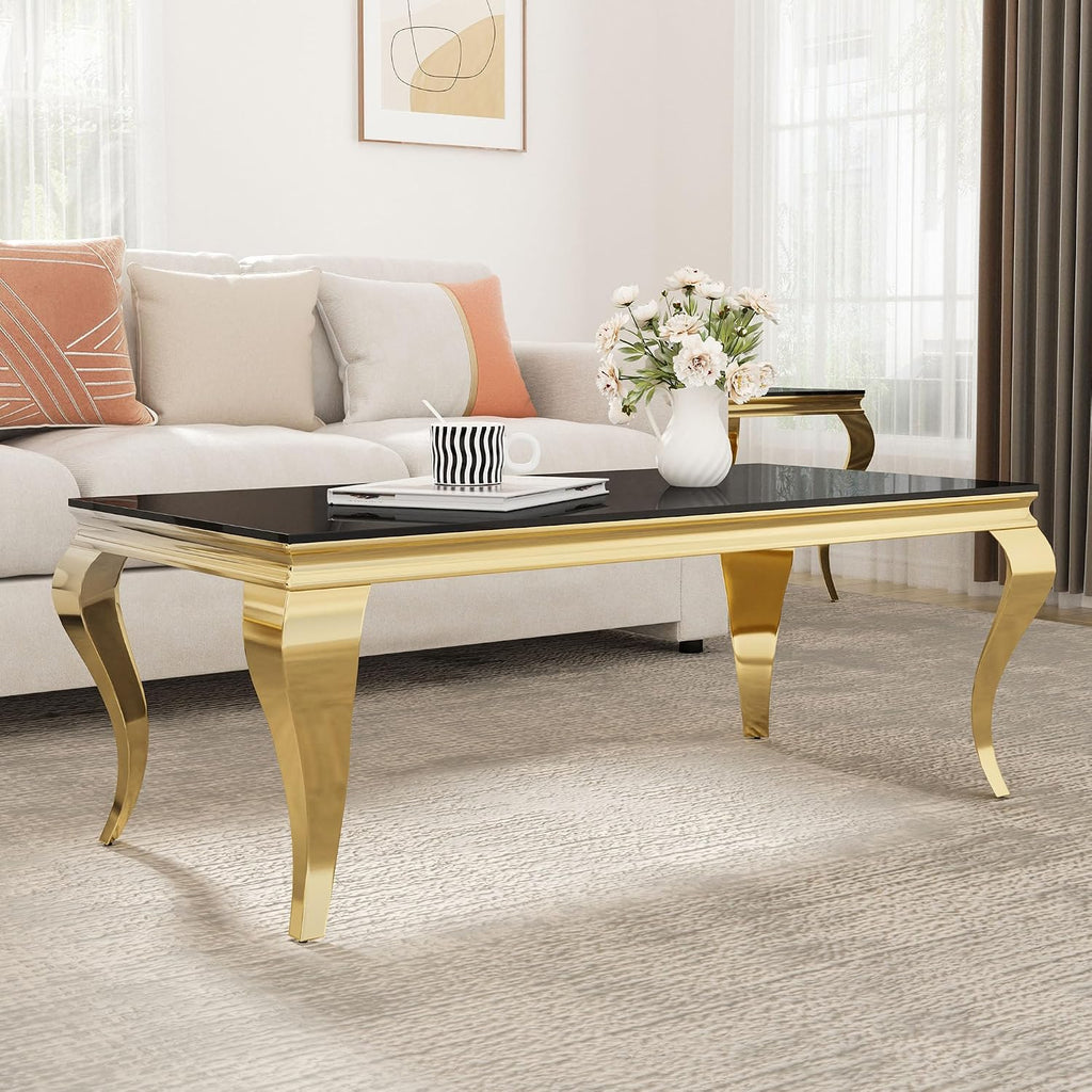 46.8 Inch Glass Coffee Table, Modern Rectangular Center Table with Black Tempered Glass Top and Gold Stainless Steel Legs, for Living Room, Apartment, Home Office