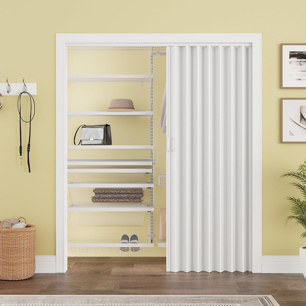 60' x 80' Enhanced Accordion Doors White PVC Folding Door Hardware Kit Included, Multifold Bifold Closet Doors with 2 Handles for Doorway Closet Basement Bathroom RV Camper, White - Single Layer
