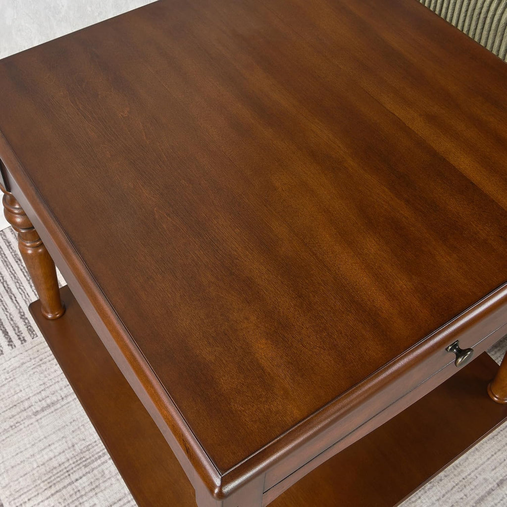 Large End Table with Drawer and Storage Shelf, Solid Wood Sofa Side Table, Slim Beside Table,Telephone for Small Spaces, Living Room, 22.8'L x 22.8'W x 24'H ,No-Tools Assembly,Caramel Brown CJZC008DR
