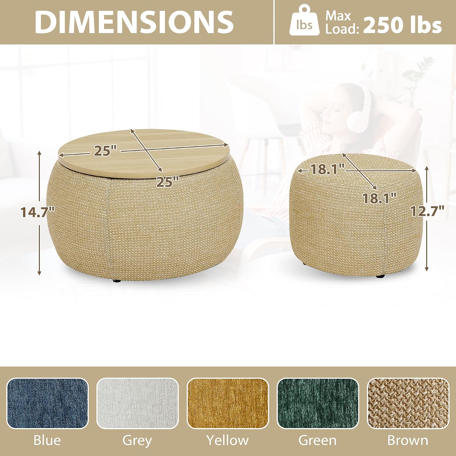 Round Ottoman with Storage Set, 25' +18' Circle Coffee Table Upholstered Nesting Modern End Table Footstool with Removable Wood Tray Woven Rattan for Living Room No Assembly, Natual