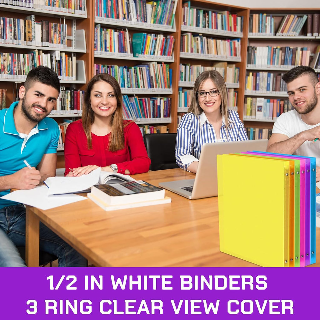 Fulmoon 48 Pack 3 Ring Plastic Binders 1/2 Inch Bulk with 2 Pockets, Flexible Binder Loose Leaf Hardcover, Fit 12' x 10' US Letter Size Paper, for School Office Home, 6 Colors(Bright)