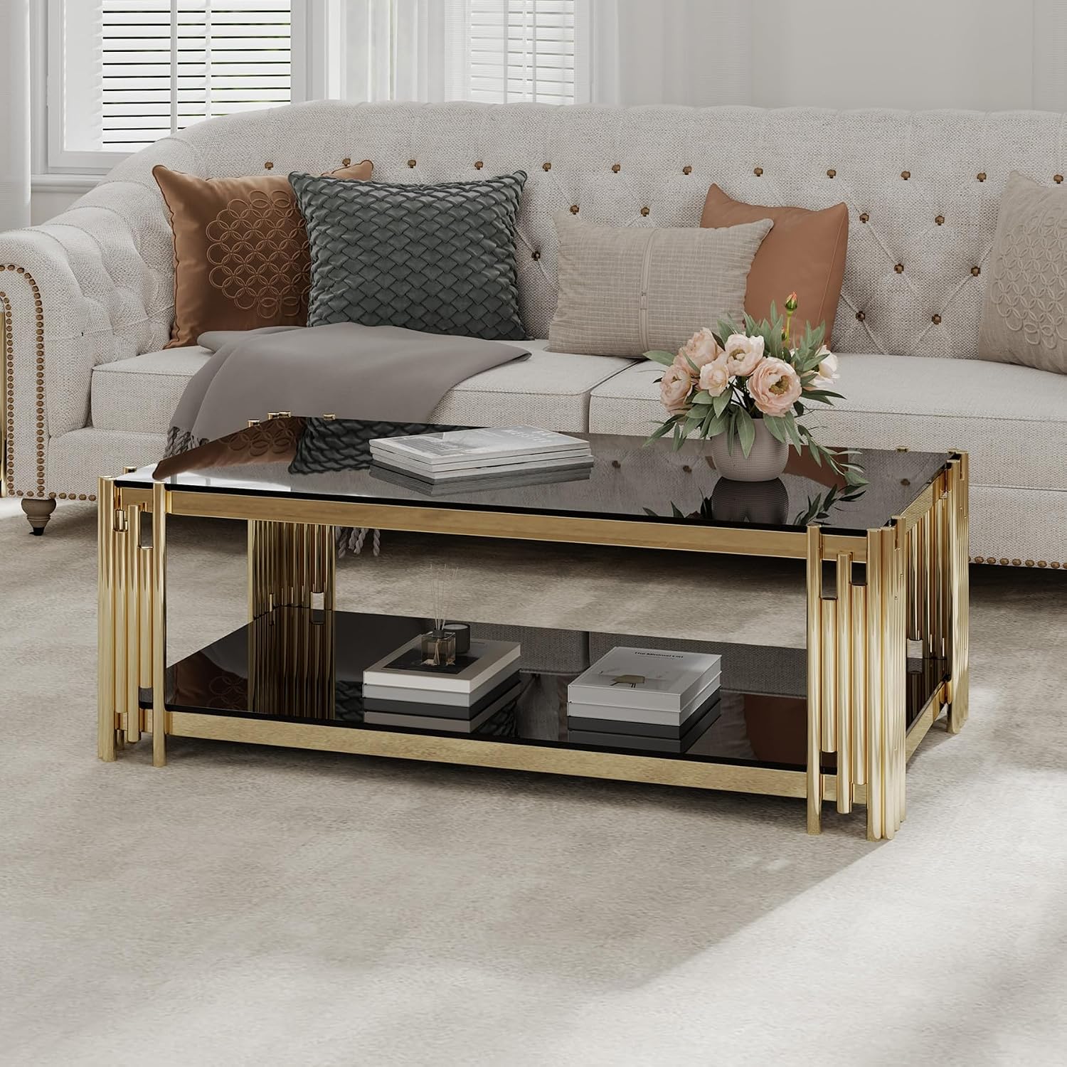 SSLine Black Glass Coffee Table with Gold Stainless Steel Frame Luxury Rectangle 2-Tier Coffee Table for Living Room Modern Elegant Cocktail Center Table with Storage Shelves for Home Office