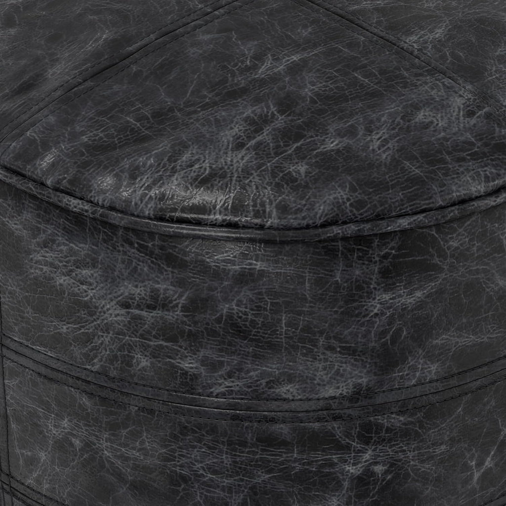 SIMPLIHOME Connor Round Pouf - 18 inch Wide Upholstered Genuine Leather Ottoman in Distressed Black, Boho Footstool or Extra Seating for Living Room or Bedroom with Polystyrene Filling, Assembled