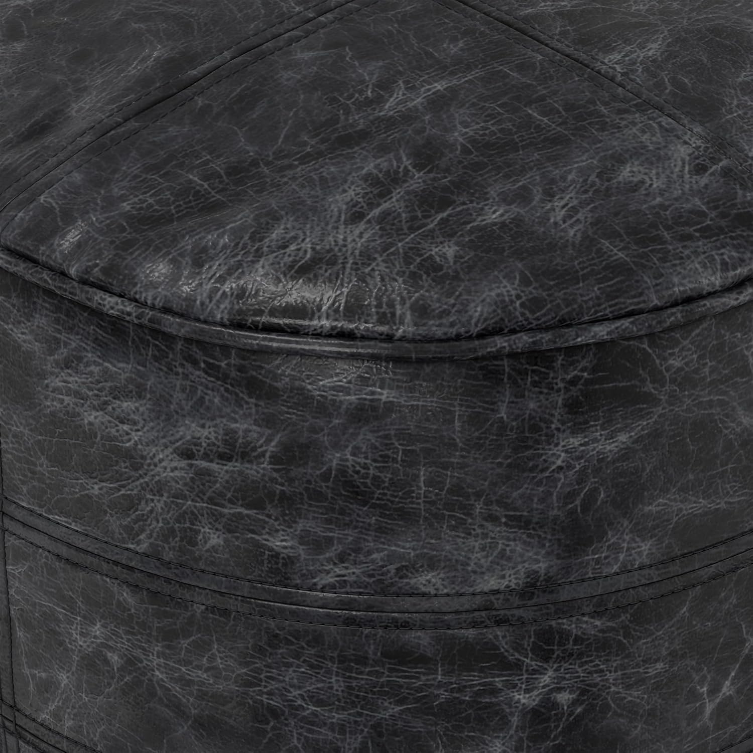 SIMPLIHOME Connor Round Pouf - 18 inch Wide Upholstered Genuine Leather Ottoman in Distressed Black, Boho Footstool or Extra Seating for Living Room or Bedroom with Polystyrene Filling, Assembled