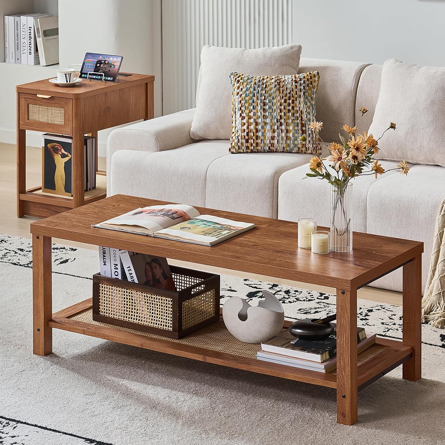 Lerliuo Boho Coffee Table Set of 3, Rattan Coffee and End Table Sets with Charging Station, Living Room Table Set with Open Shelf for Living Room, Tea Brown