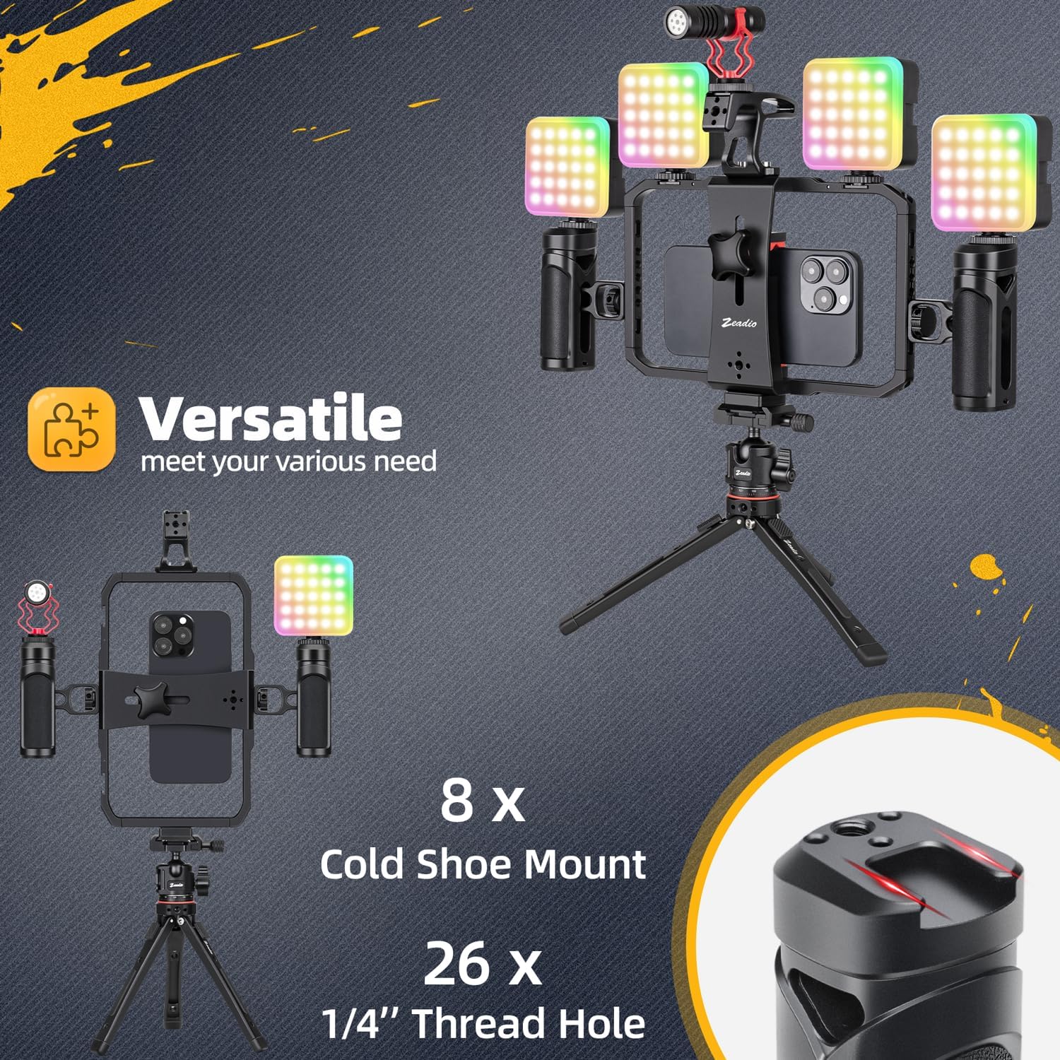 Zeadio All-in-One Phone Video Vlogging Kit, Versatile Video Cage with RGB Light, Mic, Arca Ball Head Tripod, Handheld Stabilizer for YouTube/TikTok/Live Streaming, Compatible with All Smartphones