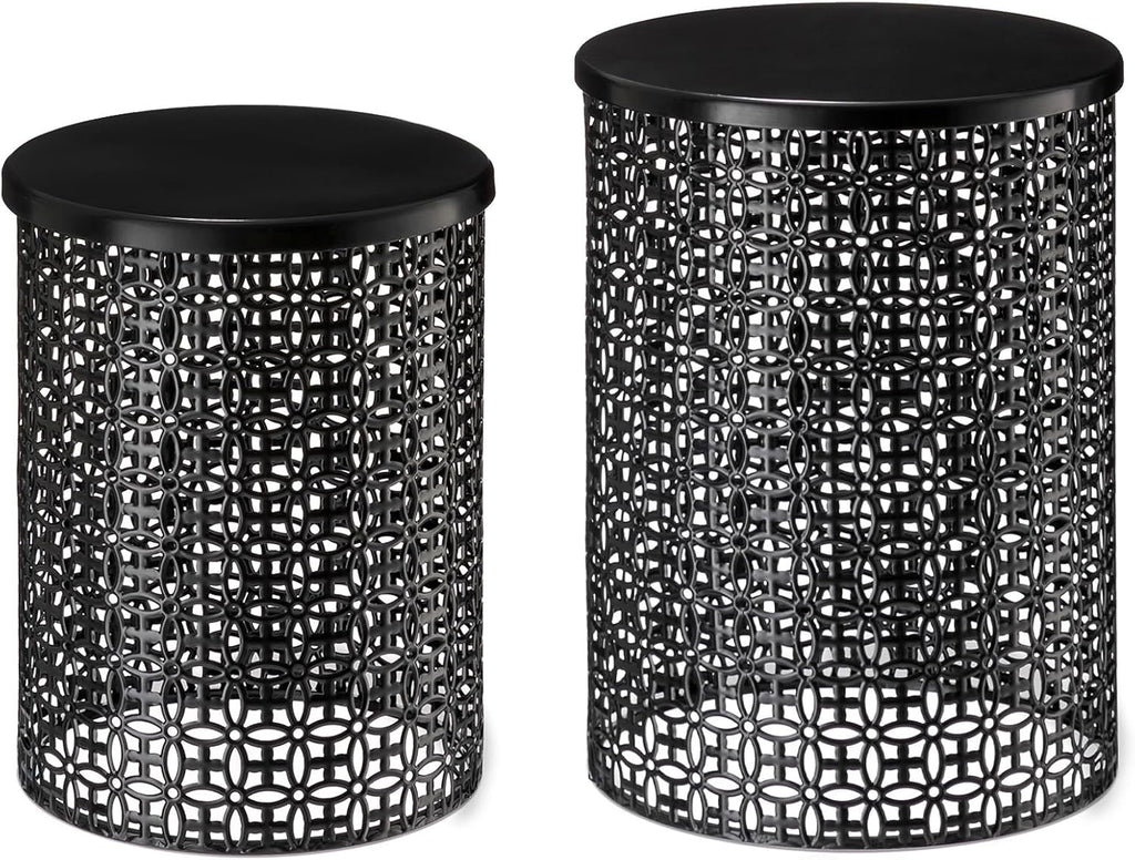 Glitzhome Accent Tables Living Room Set of 2, Round Metal Side End Table, Small Circle Coffee Bedside Table, Planter Stand for Couch Nightstand Bedroom Patio Backyard, Glossy Black