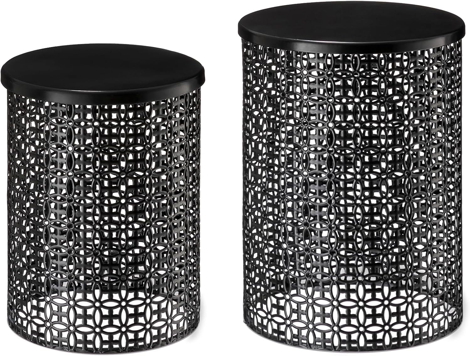 Glitzhome Accent Tables Living Room Set of 2, Round Metal Side End Table, Small Circle Coffee Bedside Table, Planter Stand for Couch Nightstand Bedroom Patio Backyard, Glossy Black