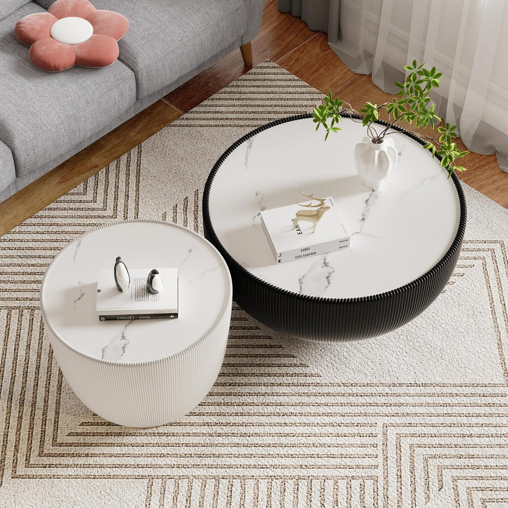 Round Coffee Table Set of 2, Sintered Stone Black Coffee Table with White End Table, Nesting Tables for Living Room, Accent Side Table for Apartment Home Office, No Need Assembly