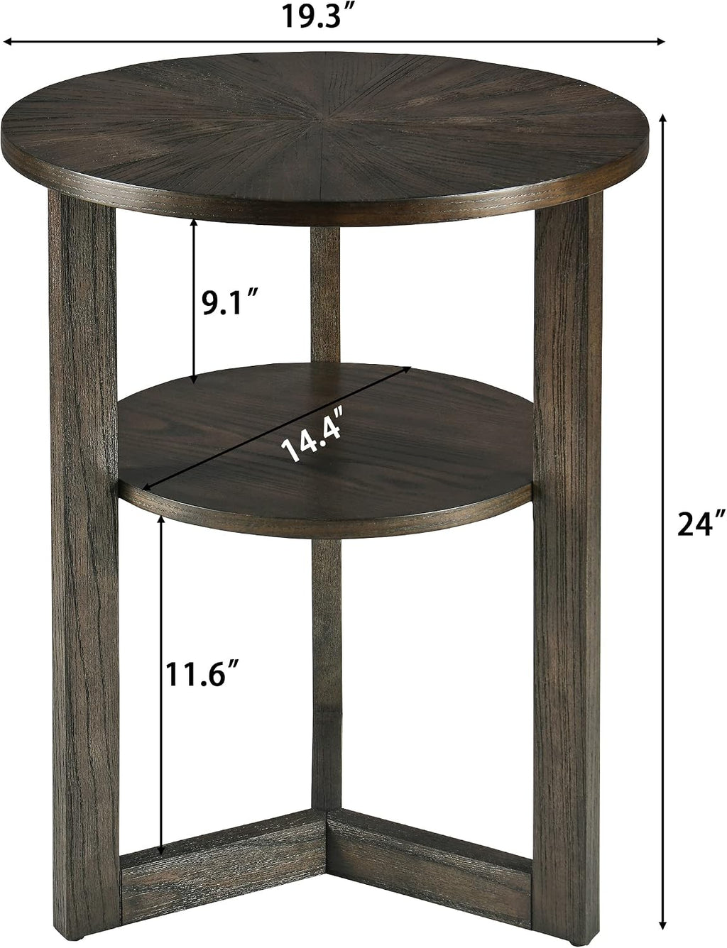 PADMA HOUSE 19.3' Round Wood End Table, 2-Tier Solid Wood Rounded Accent Side Table Circle Nightstand Table with Storage Shelf Vintage Furniture for Home Living Room Bedroom,Black Brown 3338BK