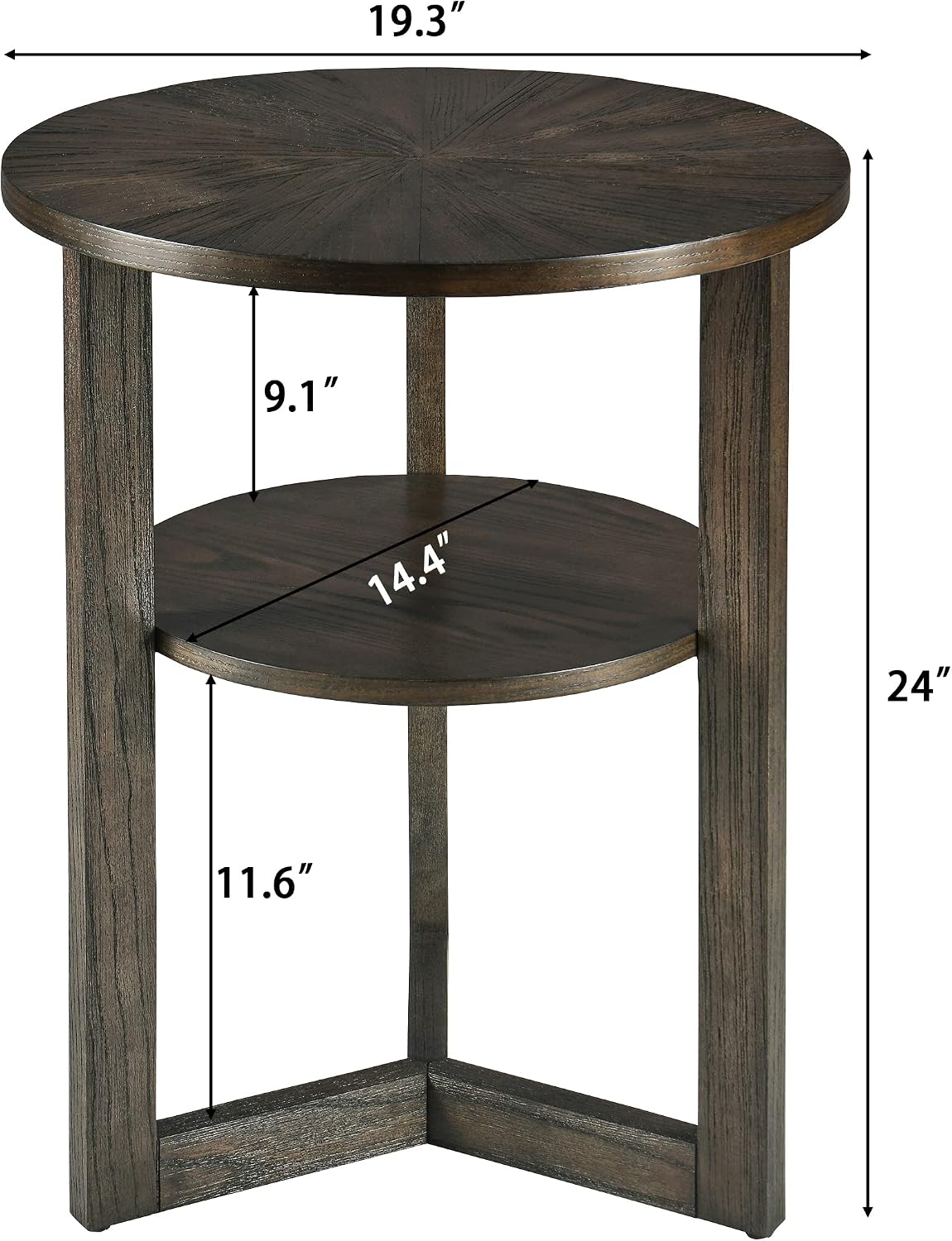 PADMA HOUSE 19.3' Round Wood End Table, 2-Tier Solid Wood Rounded Accent Side Table Circle Nightstand Table with Storage Shelf Vintage Furniture for Home Living Room Bedroom,Black Brown 3338BK