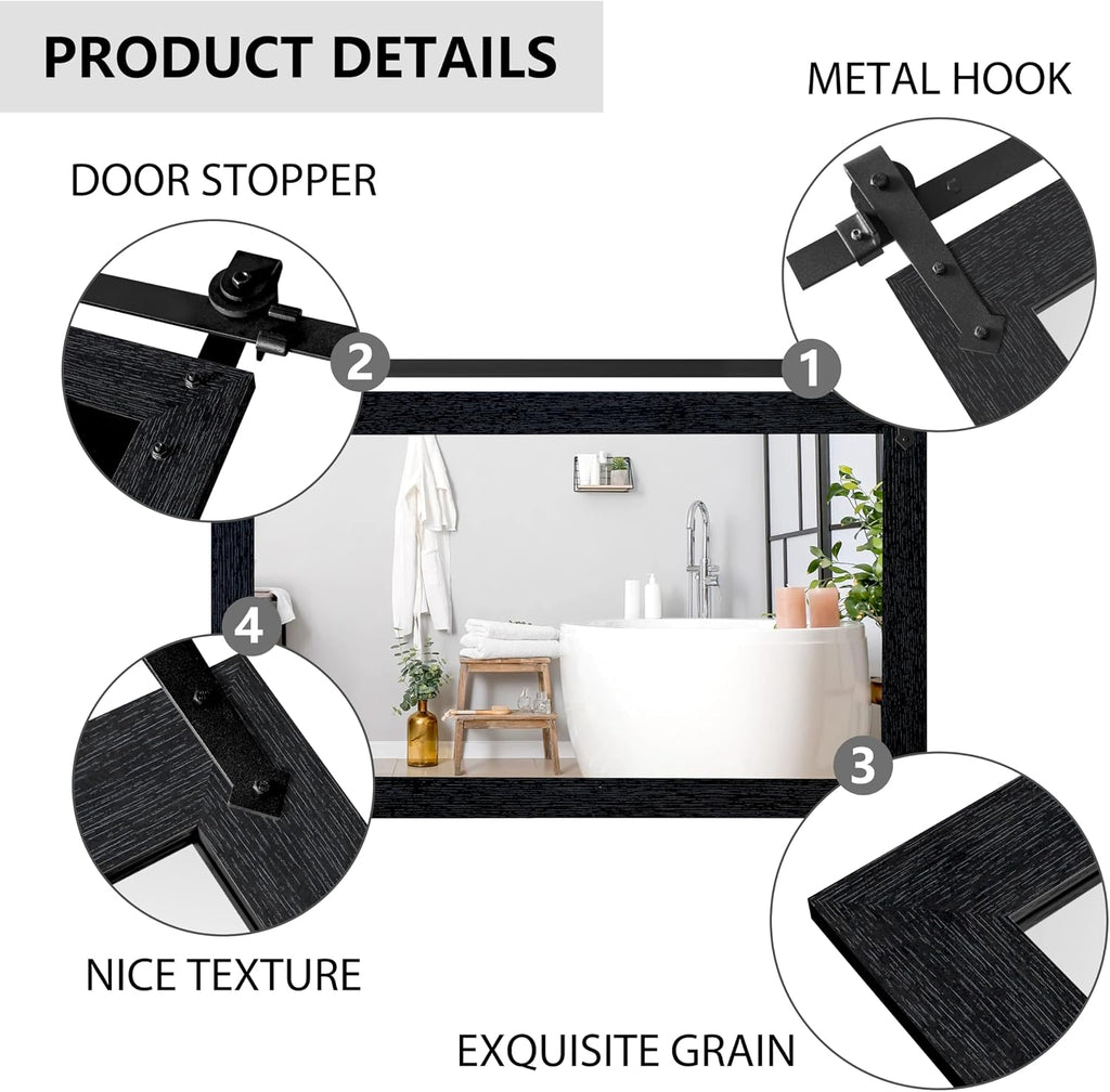 Farmhouse Mirror 42'x28' Black Rustic Mirror for Wall Vanity Mirrors Barn Door Style Decor Bathroom Living Room Entryway Bedroom Mirrors