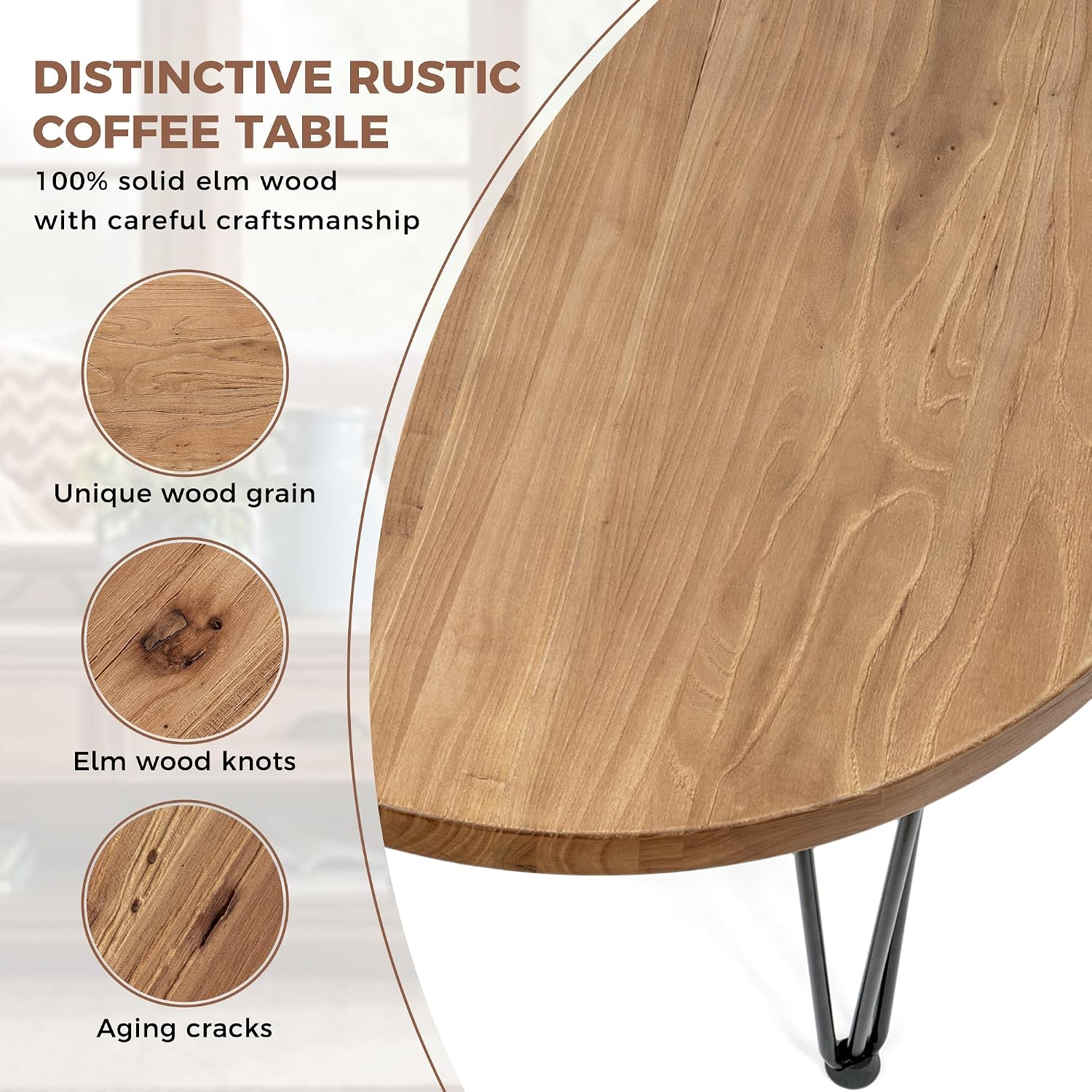 FLYJOE Rustic Wood Round Coffee Table with Metal Legs, Solid Elm Wood Top and Non-Slip Feet Pads - Farmhouse Style for Living Room, Natural