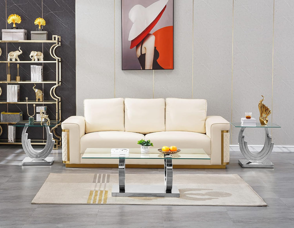 3 Pieces Living Room Table Set, Glass Coffee Table Set of 3, Modern Coffee Table and 2 End Tables with Three U-Shaped Stainless Steel Base for Living Room (Silver)