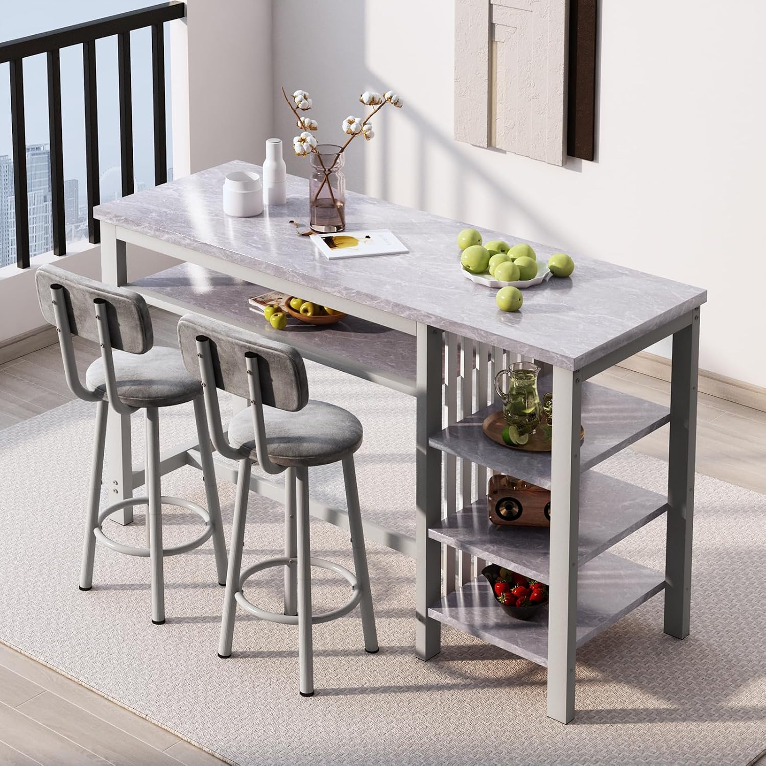 AWQM 3-Piece Bar Table and Chairs Set, Modern Glay Table with 2 PU Cushion Bar Stools, Kitchen Counter with 3 Tier Storage Shelves, Space Saving Table for Home & Kitchen, Black Frame