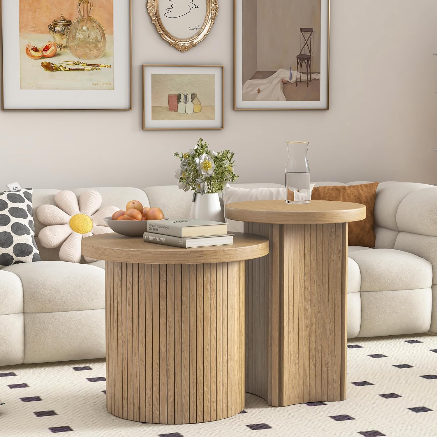 Set of 2 Nesting Coffee Tables Farmhouse,Round Coffee Tables Living Room,Wood Finish Coffee Table Set, Small Coffee Table, Sofa Side Living Room Bedroom Coffee Table Side Table (Small Size-Set)