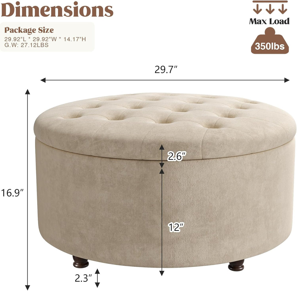 30 Inch Round Storage Ottoman,Modern Tufted Ottomans,Circular Coffee Table with Removable Top,Upholstered Large Ottoman with Storage Footrest Stool for Bedroom Living Room (Lightbrown)