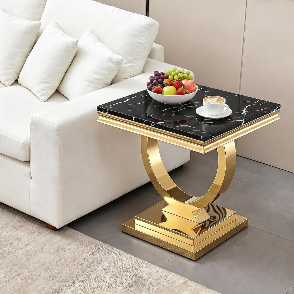 Henf 3 Piece Living Room Table Set, Faux Marble Coffee Table & 2 End Tables, Luxury Black Gold Coffee Table and End Table Set of 3 with Mirrored Stainless Steel Base for Living Room Apartment