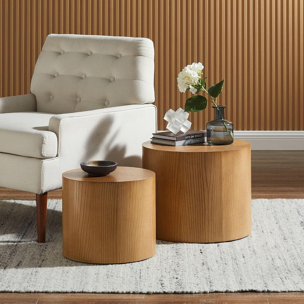 Modway Amani Nesting Coffee Table Set of 2 in Natural - Modern Round Drum Tables - Stackable End Tables for Small Spaces - Circle Side Table Set for Living Room