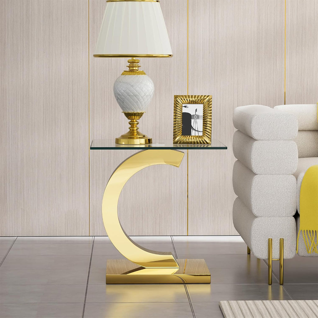 SSLine 1 Piece Living Room End Table Luxury Glass Side Table, Modern Gold End Table with C-Shape Stainless Steel Pedestal Base for Living Room Bedroom Office (1 End Table)