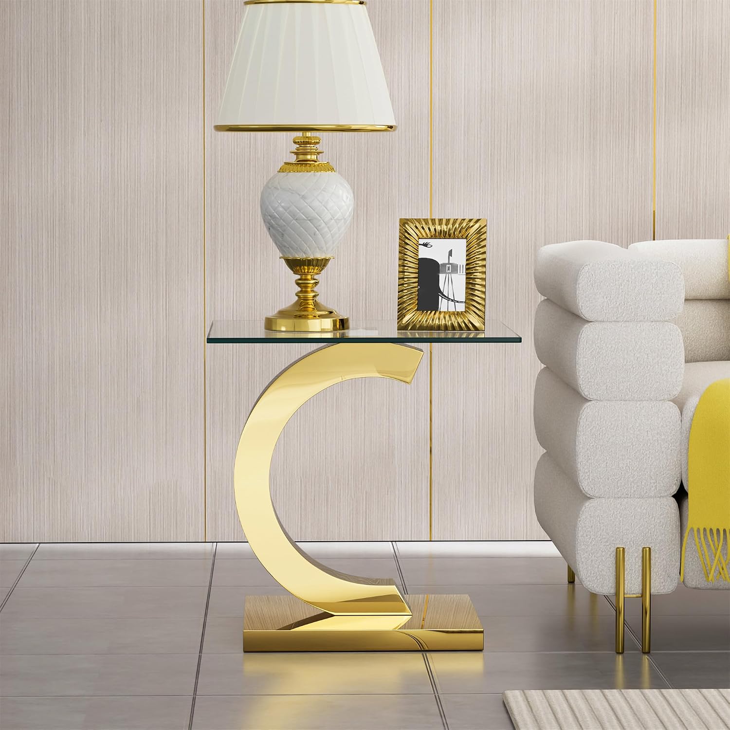 SSLine 1 Piece Living Room End Table Luxury Glass Side Table, Modern Gold End Table with C-Shape Stainless Steel Pedestal Base for Living Room Bedroom Office (1 End Table)