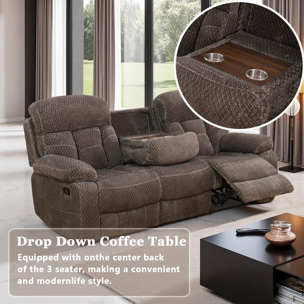 Fabric Recliner Sofa Set with Cup Holder, 3 Pieces Living Room Furniture Sets, Manual Reclining Sofa Set with Storage, Modern Reclining Couches for Living Room/Office