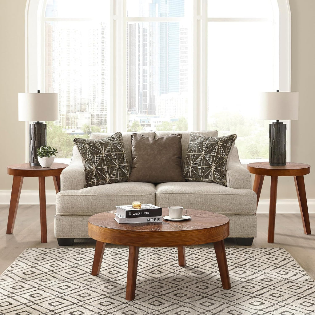 HOKYHOKY Farmhouse Round Coffee Table Set of 3, Boho Sofa Side Nesting Tables End Table Set with Wood Natural Finish for Living Room, Bedroom, Home Office,Brown
