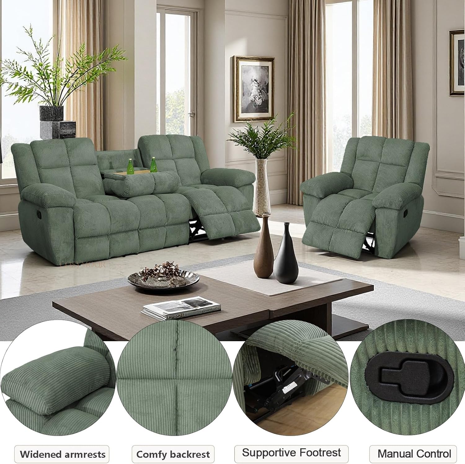 Corduroy Living Room Furniture Sets, Manual Reclining Corduroy Sofa and Chair Set with Drop-Down Table, Recliner Couch Sets, Recliner Sofa with Cup Holder for Home