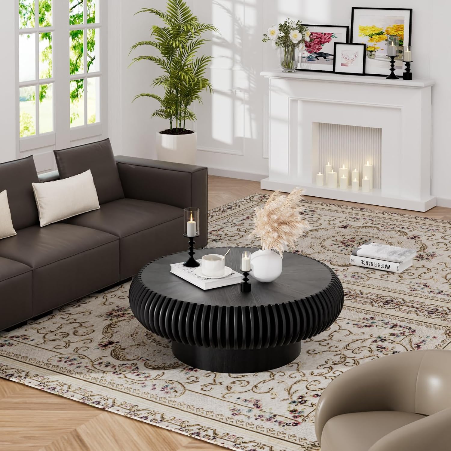 Round Coffee Table for Living Room Modern Black Fluted Coffee Table Round Drum Coffee Tables Low Circle Pedestal Center Table for Small Spaces (A Black, 31.4 in)
