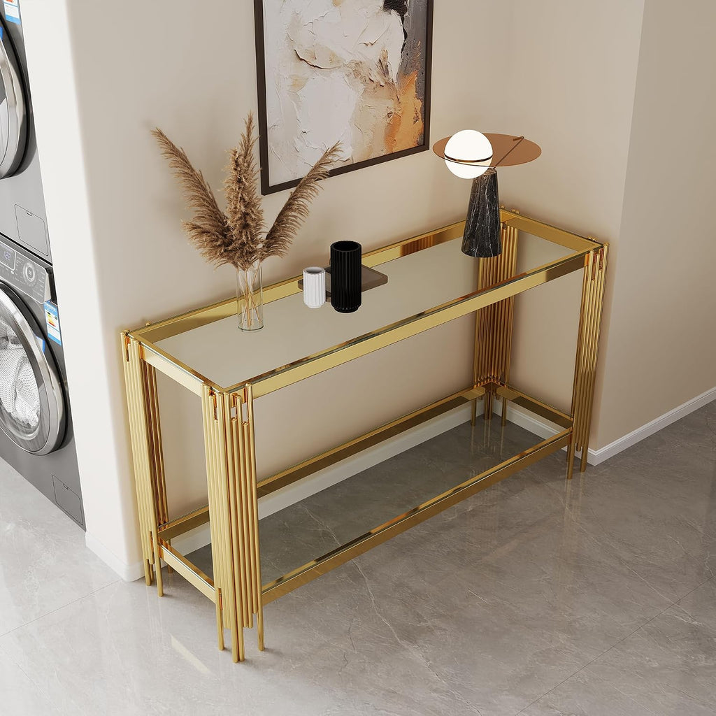 Modern Gold Glass Console Table, 55' Narrow Long Entryway Table with Stainless Steel Frame, Luxury 2-Tier Rectangle Accent Table Behind Sofa Entrance Table Foyer Table for Living Room Hallway