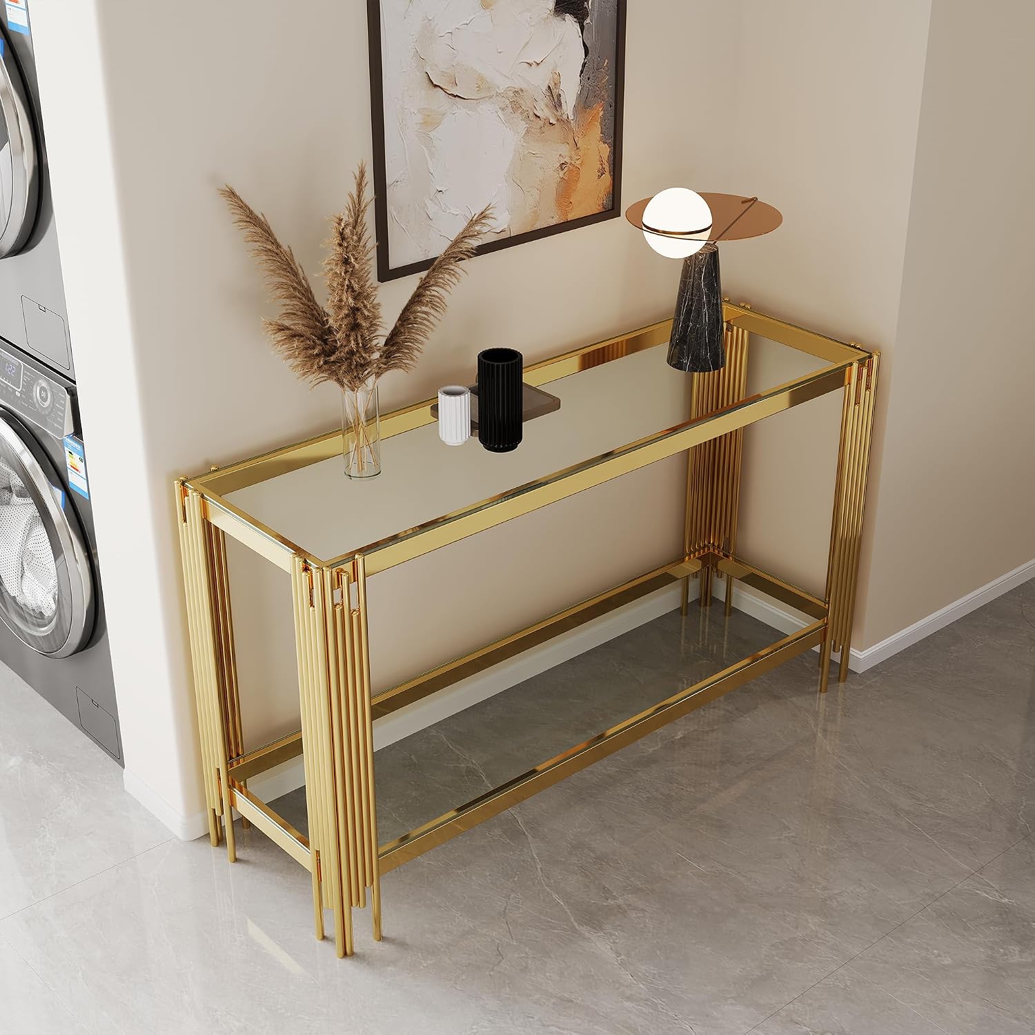 Modern Gold Glass Console Table, 55' Narrow Long Entryway Table with Stainless Steel Frame, Luxury 2-Tier Rectangle Accent Table Behind Sofa Entrance Table Foyer Table for Living Room Hallway