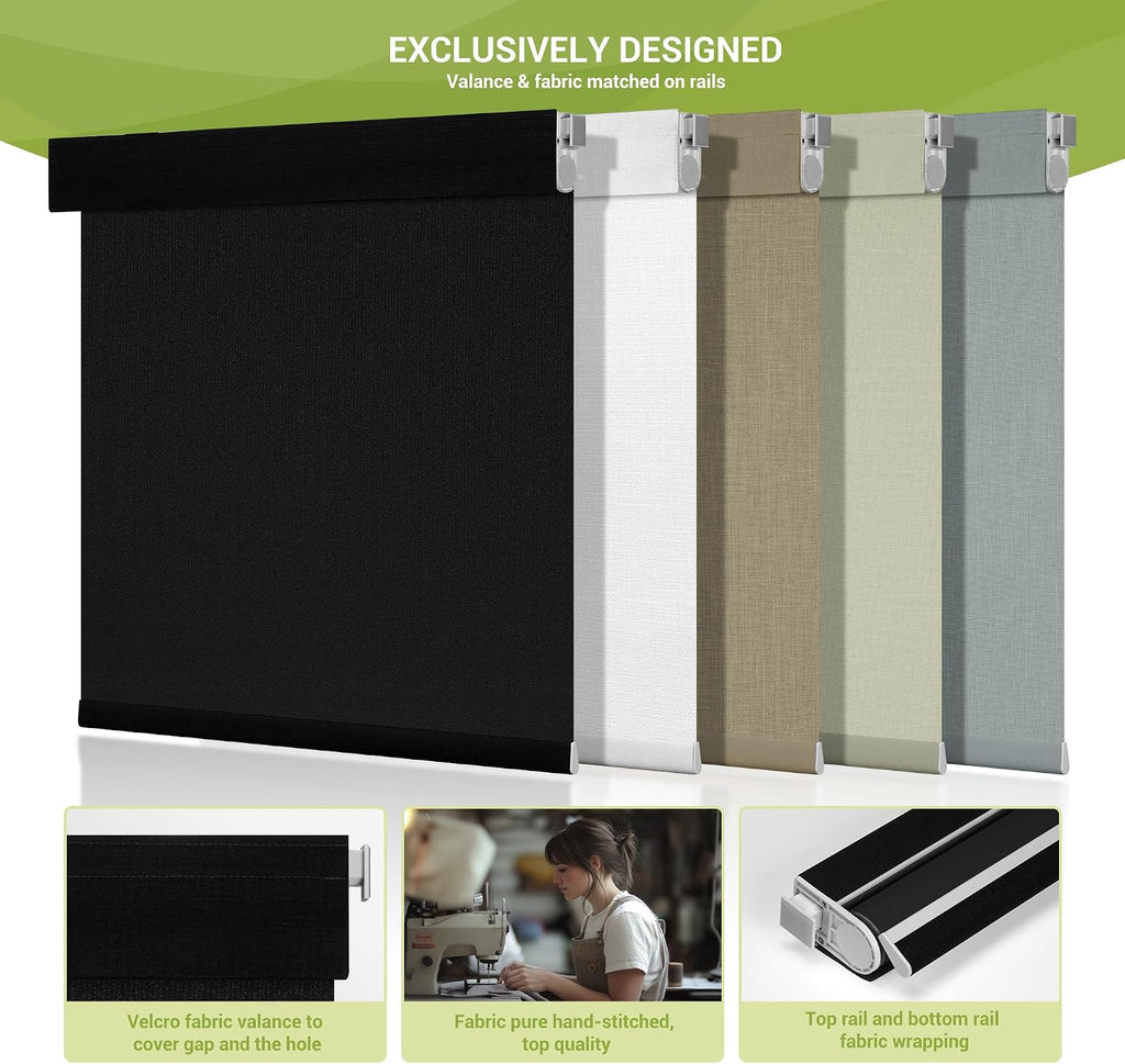 No Drill No Tools Blackout Roller Shades for Windows, Cordless Blinds with Linen Fabric-Matched, Custom Roller Blinds for Home Office Door, Black, 63.5' W x 56' H